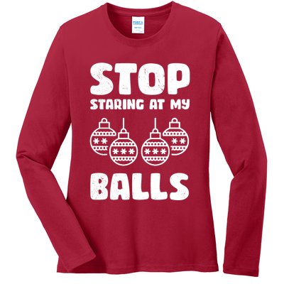 Stop Staring At My Balls Funny XMas Ladies Long Sleeve Shirt