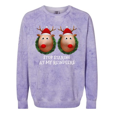 Stop Staring At My Reindeers Boobs Ugly Gag Xmas Sweater Funny Gift Colorblast Crewneck Sweatshirt