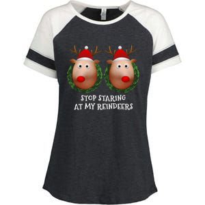 Stop Staring At My Reindeers Boobs Ugly Gag Xmas Sweater Funny Gift Enza Ladies Jersey Colorblock Tee