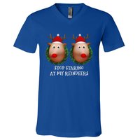 Stop Staring At My Reindeers Boobs Ugly Gag Xmas Sweater Funny Gift V-Neck T-Shirt