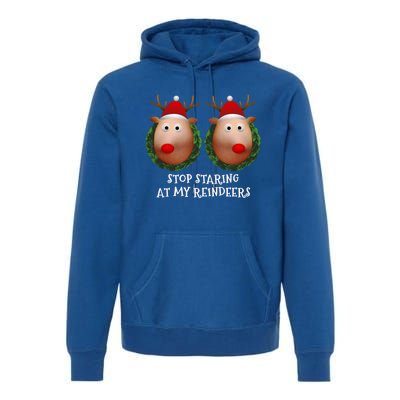 Stop Staring At My Reindeers Boobs Ugly Gag Xmas Sweater Funny Gift Premium Hoodie