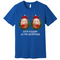 Stop Staring At My Reindeers Boobs Ugly Gag Xmas Sweater Funny Gift Premium T-Shirt