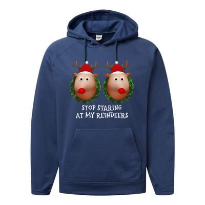 Stop Staring At My Reindeers Boobs Ugly Gag Xmas Sweater Funny Gift Performance Fleece Hoodie