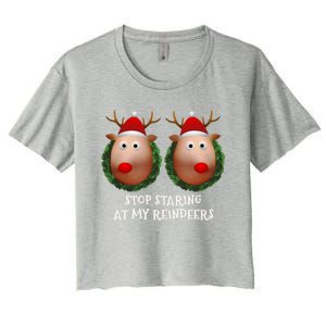 Stop Staring At My Reindeers Boobs Ugly Gag Xmas Sweater Funny Gift Women's Crop Top Tee