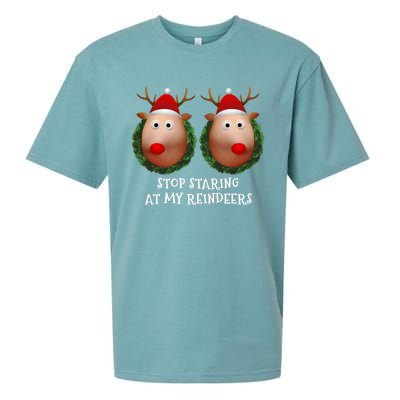 Stop Staring At My Reindeers Boobs Ugly Gag Xmas Sweater Funny Gift Sueded Cloud Jersey T-Shirt