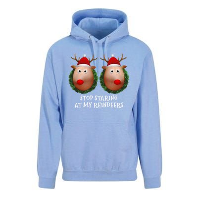 Stop Staring At My Reindeers Boobs Ugly Gag Xmas Sweater Funny Gift Unisex Surf Hoodie