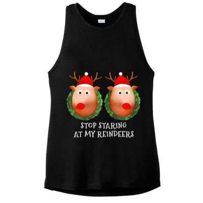 Stop Staring At My Reindeers Boob Ugly Gag Xmas Sweater  Ladies PosiCharge Tri-Blend Wicking Tank