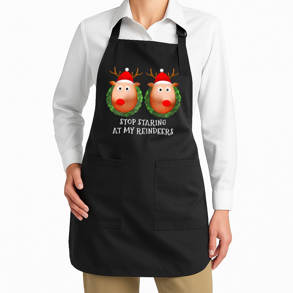 Stop Staring At My Reindeers Boob Ugly Gag Xmas Sweater  Apron