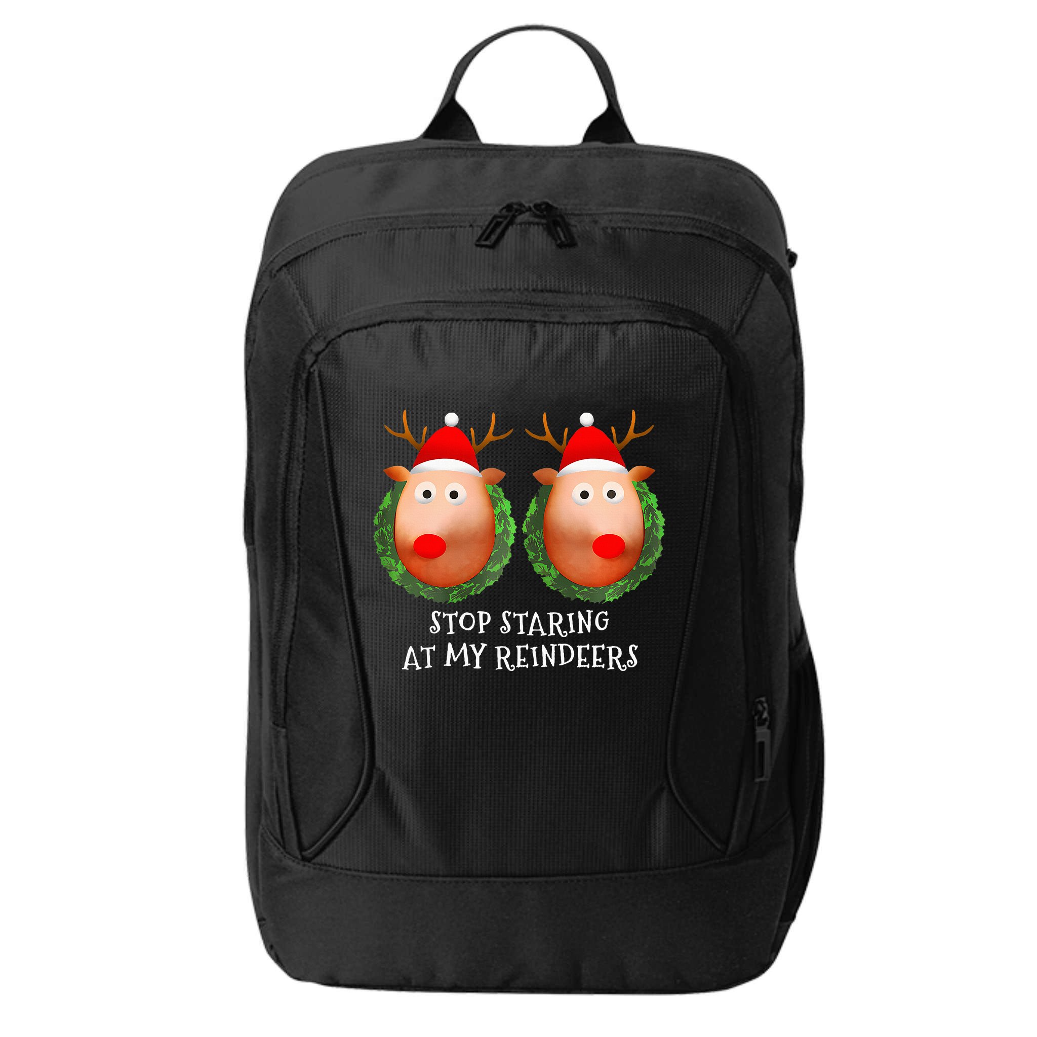 Stop Staring At My Reindeers Boob Ugly Gag Xmas Sweater  City Backpack