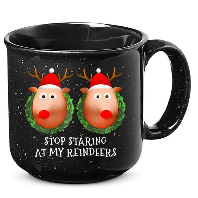Stop Staring At My Reindeers Boob Ugly Gag Xmas Sweater  15oz Campfire Ceramic Mug
