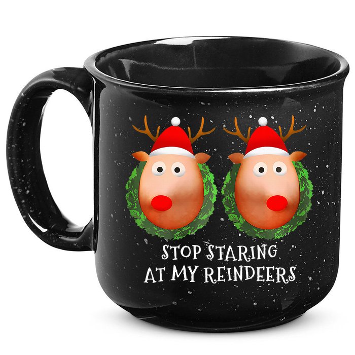 Stop Staring At My Reindeers Boob Ugly Gag Xmas Sweater  15oz Campfire Ceramic Mug