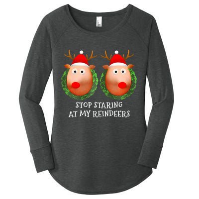 Stop Staring At My Reindeers Boob Ugly Gag Xmas Sweater  Women's Perfect Tri Tunic Long Sleeve Shirt