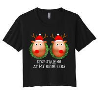 Stop Staring At My Reindeers Boob Ugly Gag Xmas Sweater  Women's Crop Top Tee