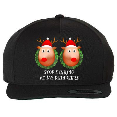 Stop Staring At My Reindeers Boob Ugly Gag Xmas Sweater  Wool Snapback Cap