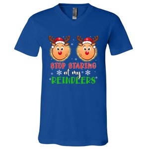 Stop Staring At My Reindeers Xmas Reindeers As Bra Meaningful Gift V-Neck T-Shirt