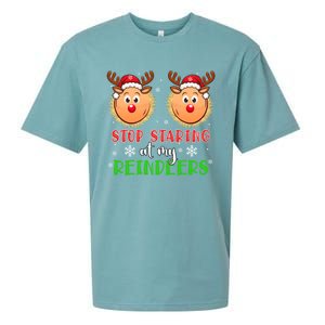 Stop Staring At My Reindeers Xmas Reindeers As Bra Meaningful Gift Sueded Cloud Jersey T-Shirt