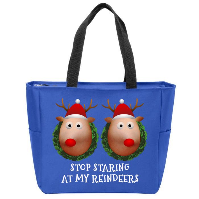 Stop Staring At My Reindeers Boobs Ugly Gag Xmas Funny Gift Zip Tote Bag