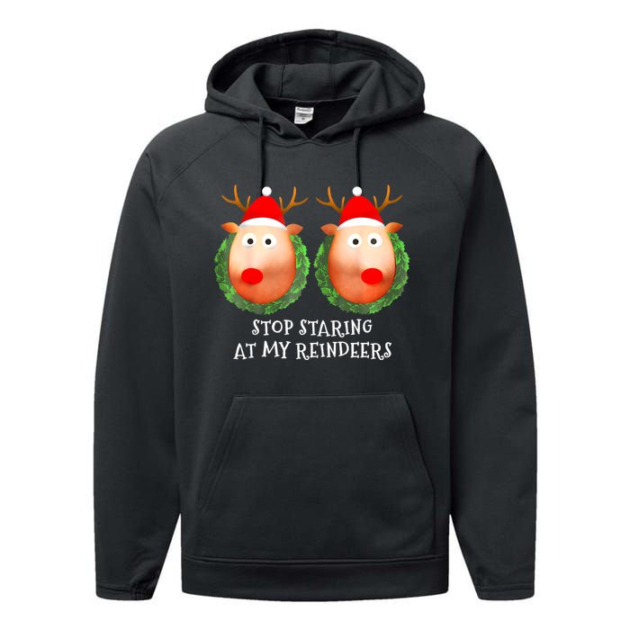 Stop Staring At My Reindeers Boobs Ugly Gag Xmas Sweater Performance Fleece Hoodie