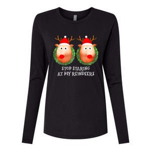 Stop Staring At My Reindeers Boobs Ugly Gag Xmas Sweater Womens Cotton Relaxed Long Sleeve T-Shirt