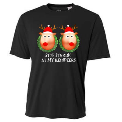 Stop Staring At My Reindeers Boobs Ugly Gag Xmas Sweater Cooling Performance Crew T-Shirt