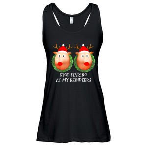 Stop Staring At My Reindeers Boobs Ugly Gag Xmas Sweater Ladies Essential Flowy Tank