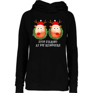 Stop Staring At My Reindeers Boobs Ugly Gag Xmas Sweater Womens Funnel Neck Pullover Hood