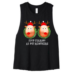 Stop Staring At My Reindeers Boobs Ugly Gag Xmas Sweater Women's Racerback Cropped Tank