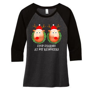 Stop Staring At My Reindeers Boobs Ugly Gag Xmas Sweater Women's Tri-Blend 3/4-Sleeve Raglan Shirt