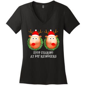 Stop Staring At My Reindeers Boobs Ugly Gag Xmas Sweater Women's V-Neck T-Shirt