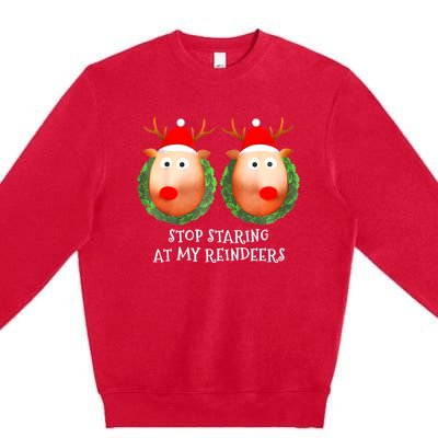 Stop Staring At My Reindeers Boobs Ugly Gag Xmas Sweater Premium Crewneck Sweatshirt