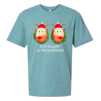 Stop Staring At My Reindeers Boobs Ugly Gag Xmas Sweater Sueded Cloud Jersey T-Shirt