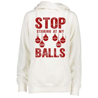 Stop Staring At My Balls Funny Xmas Christmas Ornaments Womens Funnel Neck Pullover Hood