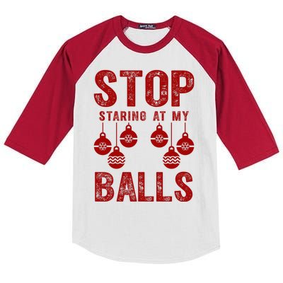 Stop Staring At My Balls Funny Xmas Christmas Ornaments Kids Colorblock Raglan Jersey