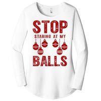 Stop Staring At My Balls Funny Xmas Christmas Ornaments Women's Perfect Tri Tunic Long Sleeve Shirt