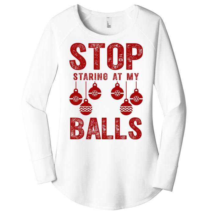 Stop Staring At My Balls Funny Xmas Christmas Ornaments Women's Perfect Tri Tunic Long Sleeve Shirt