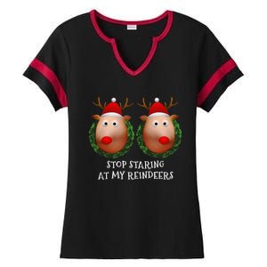 Stop Staring At My Reindeers Boobs Ugly Gag Xmas Sweater Ladies Halftime Notch Neck Tee