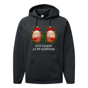 Stop Staring At My Reindeers Boobs Ugly Gag Xmas Sweater Performance Fleece Hoodie