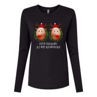 Stop Staring At My Reindeers Boobs Ugly Gag Xmas Sweater Womens Cotton Relaxed Long Sleeve T-Shirt