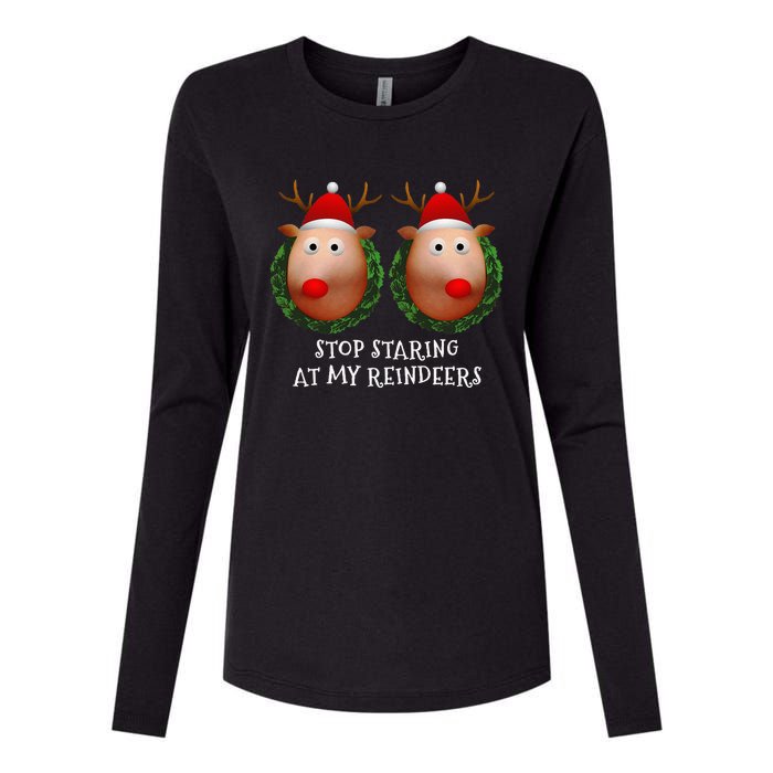 Stop Staring At My Reindeers Boobs Ugly Gag Xmas Sweater Womens Cotton Relaxed Long Sleeve T-Shirt