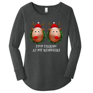 Stop Staring At My Reindeers Boobs Ugly Gag Xmas Sweater Women's Perfect Tri Tunic Long Sleeve Shirt