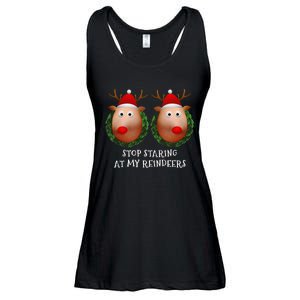 Stop Staring At My Reindeers Boobs Ugly Gag Xmas Sweater Ladies Essential Flowy Tank