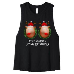 Stop Staring At My Reindeers Boobs Ugly Gag Xmas Sweater Women's Racerback Cropped Tank