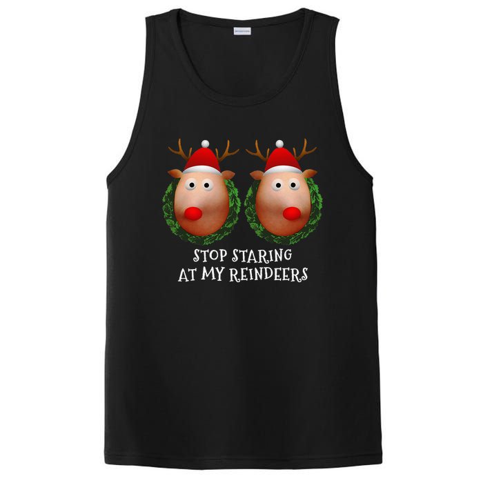 Stop Staring At My Reindeers Boobs Ugly Gag Xmas Sweater PosiCharge Competitor Tank