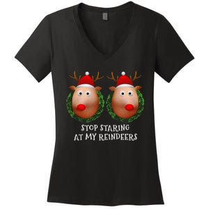 Stop Staring At My Reindeers Boobs Ugly Gag Xmas Sweater Women's V-Neck T-Shirt