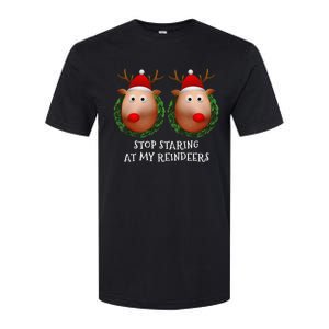 Stop Staring At My Reindeers Boobs Ugly Gag Xmas Sweater Softstyle CVC T-Shirt