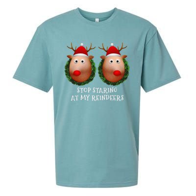 Stop Staring At My Reindeers Boobs Ugly Gag Xmas Sweater Sueded Cloud Jersey T-Shirt