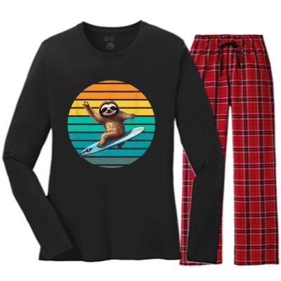 Sloth Surfing A Wave Surfing Sloth Surf Women's Long Sleeve Flannel Pajama Set 