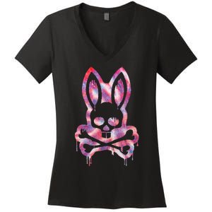 Scary Skull And Crossbones Bad Rabbit Horror Bunny Halloween Women's V-Neck T-Shirt