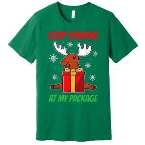 Stop Staring At My Package Funny Reindeer Christmas Present Premium T-Shirt