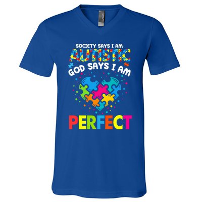 Society Says Autistic God Says IM Perfect Autism Heart Gift V-Neck T-Shirt